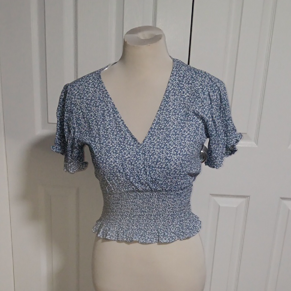 Blue Ruffled Puff Sleeve Blouse with Plunge Neckline